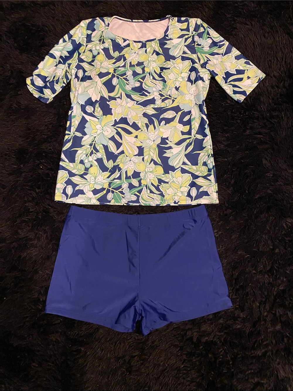 Floral Navy & Blue Women's Swim Set - Short Sleeve Rashguard and Swim Shorts